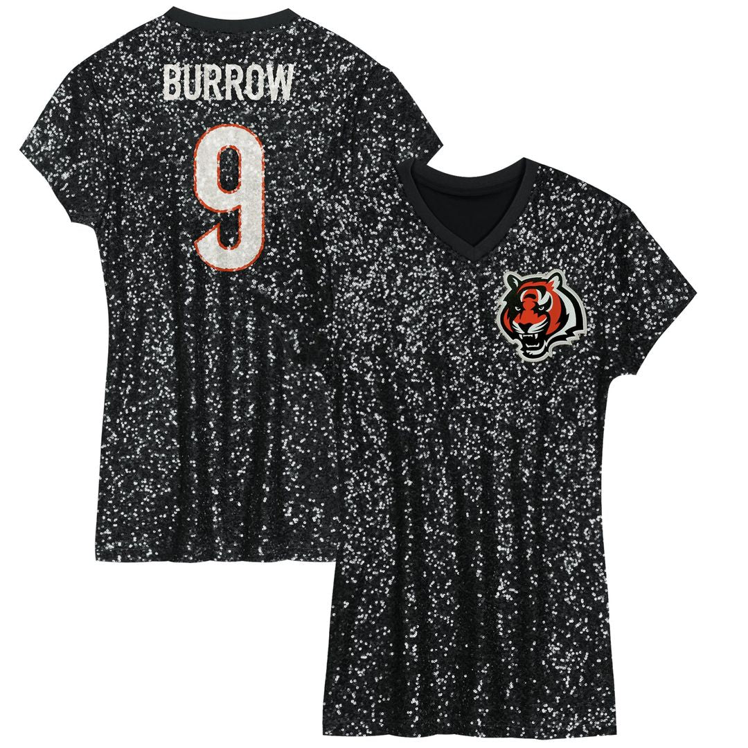 Joe Burrow Cincinnati Bengals Girls Youth Sequin Player Name & Number V-Neck Dress - Black