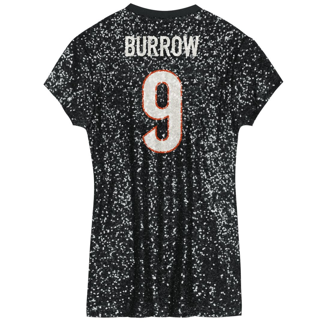 Joe Burrow Cincinnati Bengals Girls Youth Sequin Player Name & Number V-Neck Dress - Black